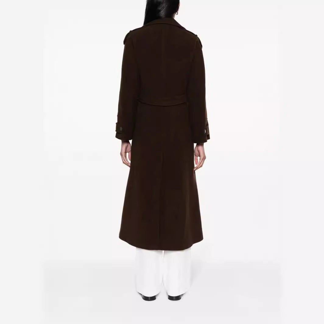 Damen Bodenlanger Doppelreihiger Trenchcoat aus Wollmix mit Schulterpatten und verdecktem Taillengürtel Nord Taschen