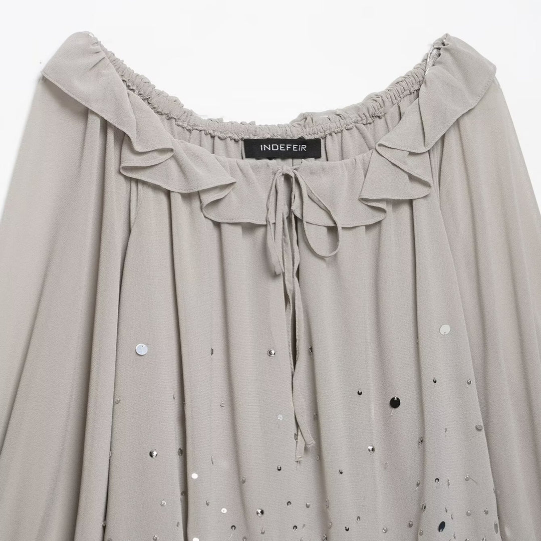 Damen Fließendes Chiffon-Minikleid mit Carmen-Ausschnitt, Volants und Pailletten Nord Taschen