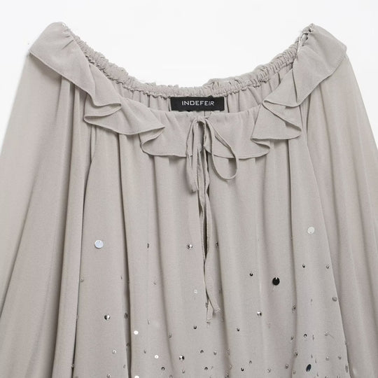 Damen Fließendes Chiffon-Minikleid mit Carmen-Ausschnitt, Volants und Pailletten Nord Taschen