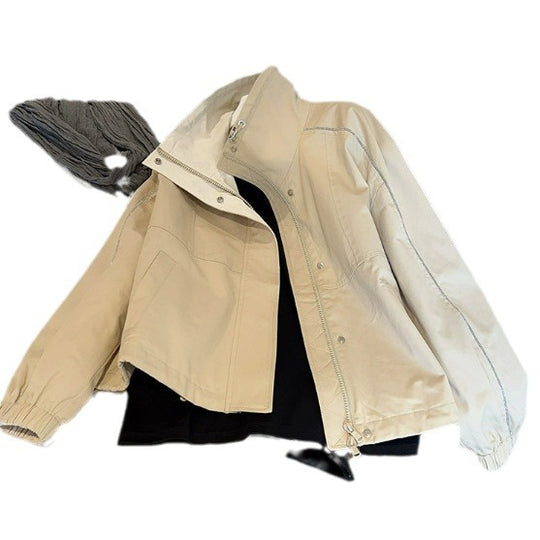 Damen Leichte Overshirt‑Jacke mit Stehkragen, Druckknopfverschluss & Kontrastnaht Nord Taschen