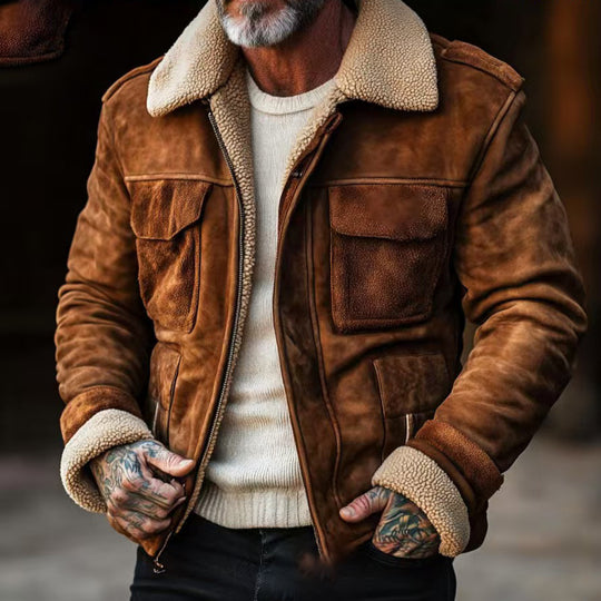 Herren Fliegerjacke aus Veloursleder mit Teddyfutter und aufgesetzten Pattentaschen Nord Taschen