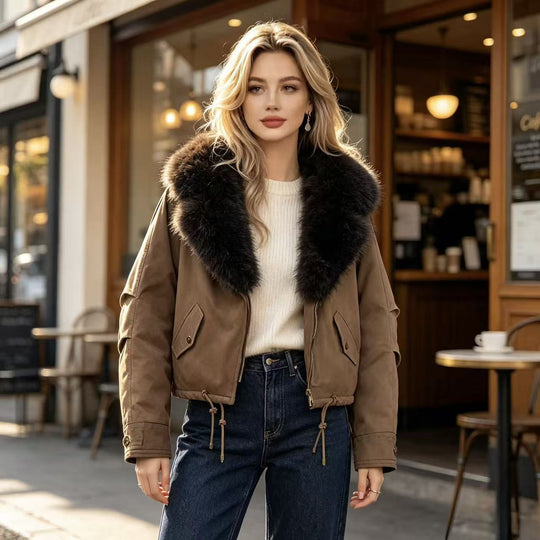 Damen nan kurze Bomberjacke mit voluminösem Kunstfellkragen, Kordelzugsaum und Pattentaschen Nord Taschen