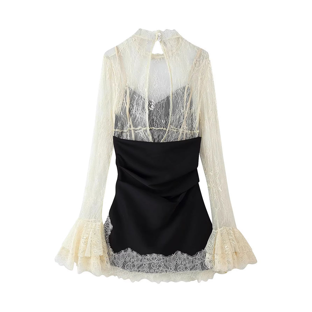Damen Elegantes Slipkleid mit Spitzen-Overlay, Stehkragen und Volantärmeln Nord Taschen