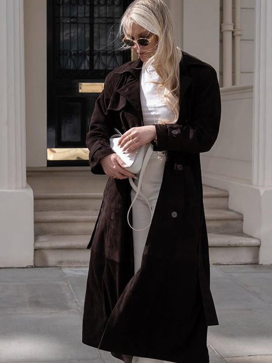 Damen Langer Velours-Trenchcoat mit Bindegürtel und Reverskragen Nord Taschen