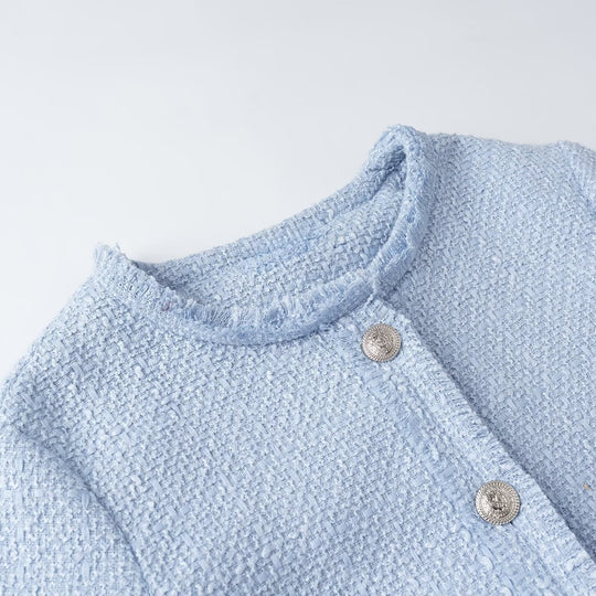 Damen Cropped Bouclé‑Jacke mit Rundhalsausschnitt, Fransenbesatz und aufgesetzten Pattentaschen Nord Taschen