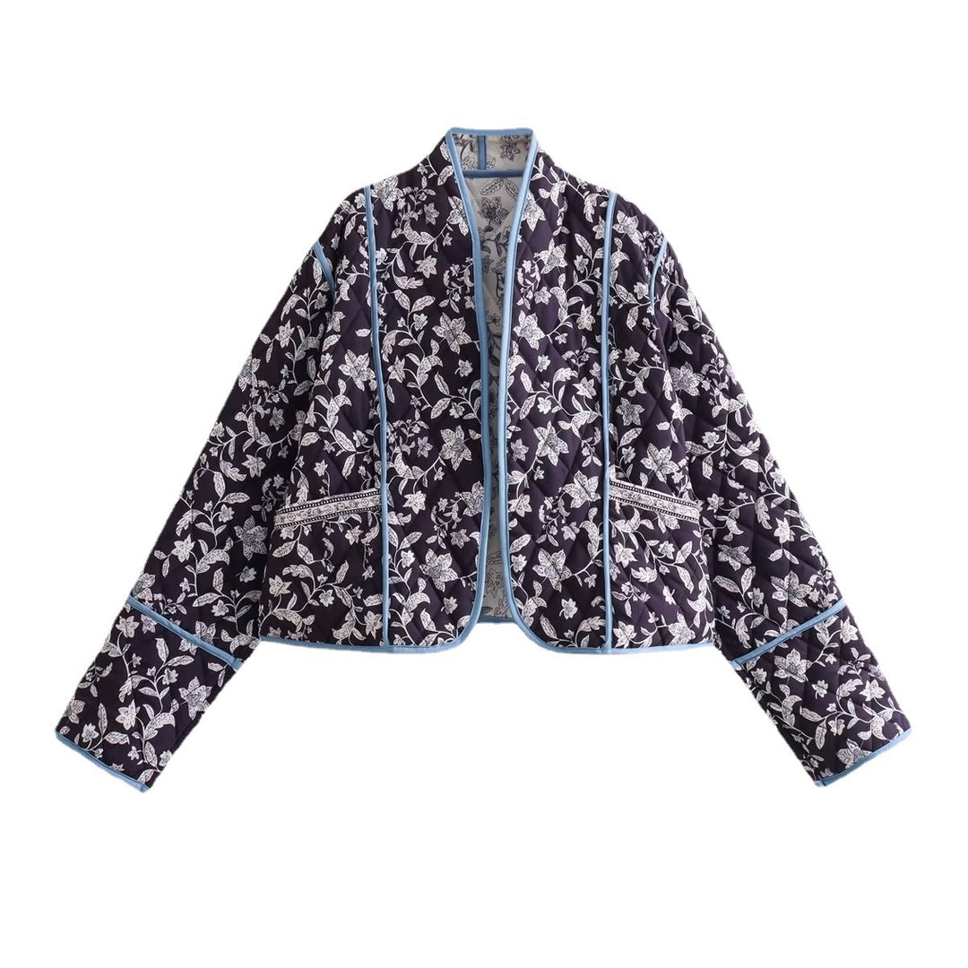 Damen Gestepptes Cropped-Steppjacke mit floralem Allovermuster und kontrastierender Paspelierung Nord Taschen