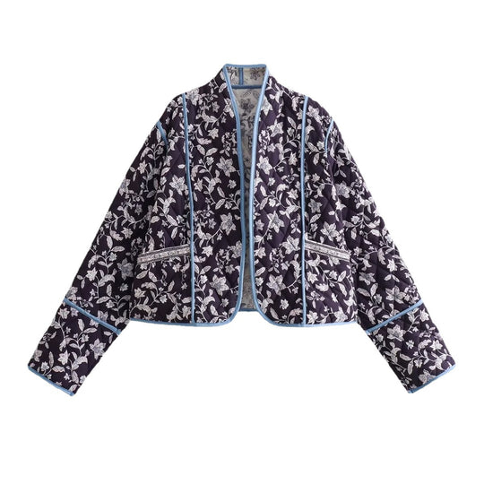 Damen Gestepptes Cropped-Steppjacke mit floralem Allovermuster und kontrastierender Paspelierung Nord Taschen
