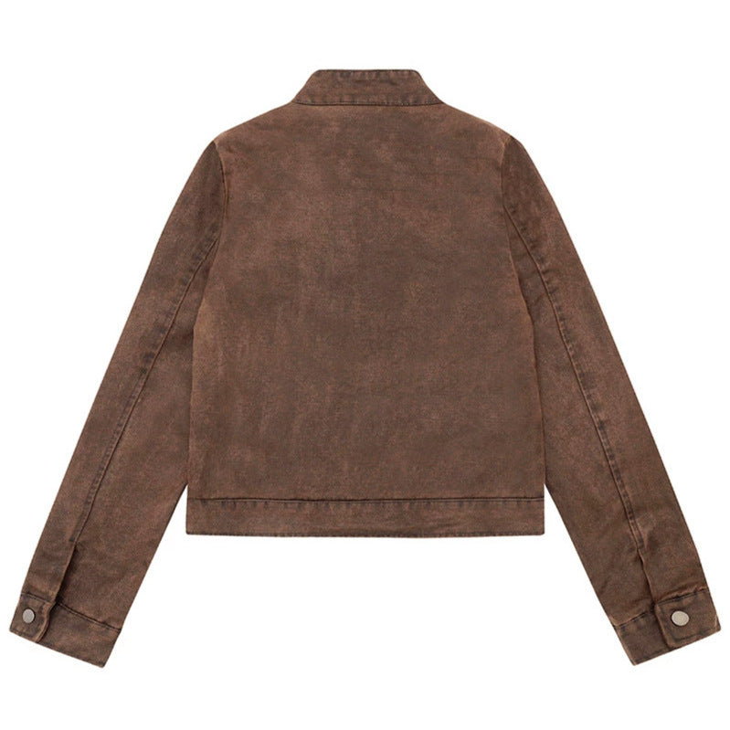 Damen kurze Bikerjacke aus Vintage‑Lederoptik mit Stehkragen und Brustzipper Nord Taschen