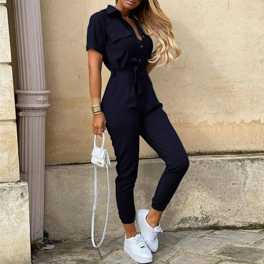 Damen Kurzarm-Utility-Overall mit Taillenbindegürtel und schmalem Joggerbein Nord Taschen