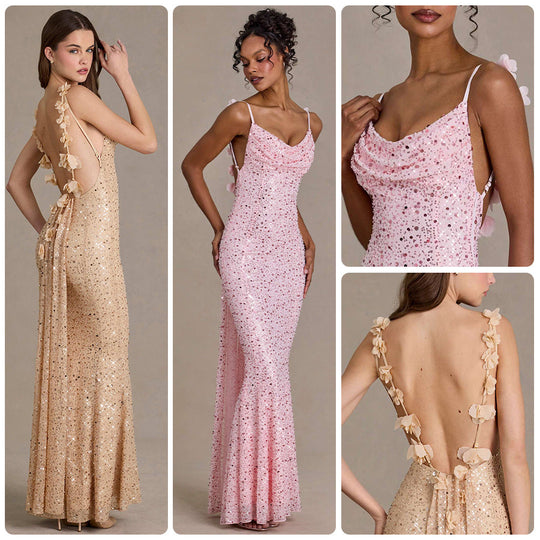 Damen elegantes Pailletten-Maxi-Kleid mit schickem Wasserfallausschnitt und figurbetonter Silhouette Nord Taschen