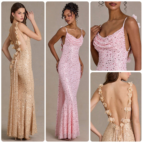 Damen elegantes Pailletten-Maxi-Kleid mit schickem Wasserfallausschnitt und figurbetonter Silhouette Nord Taschen