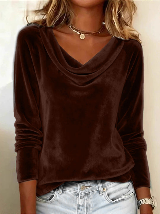 Damen Samt-Longsleeve mit Wasserfallkragen und legerem Schnitt Nord Taschen