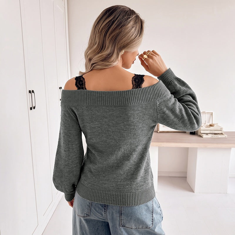 Damen Off-Shoulder V‑Ausschnitt Feinstrickpullover mit Spitzen‑Träger‑Optik und Ballonärmeln Nord Taschen