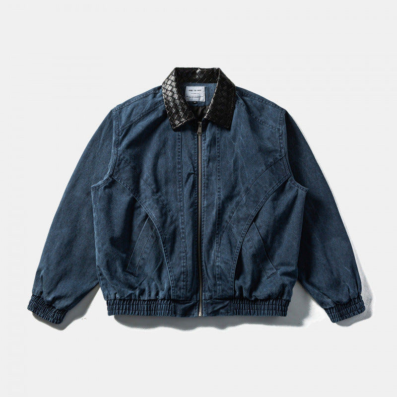 Herren Kastige Denim-Blousonjacke mit gesteppter Lederkragen und Elastikbund Nord Taschen