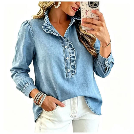 Damen Jeansbluse mit Rüschenkragen und Ballonärmeln Nord Taschen