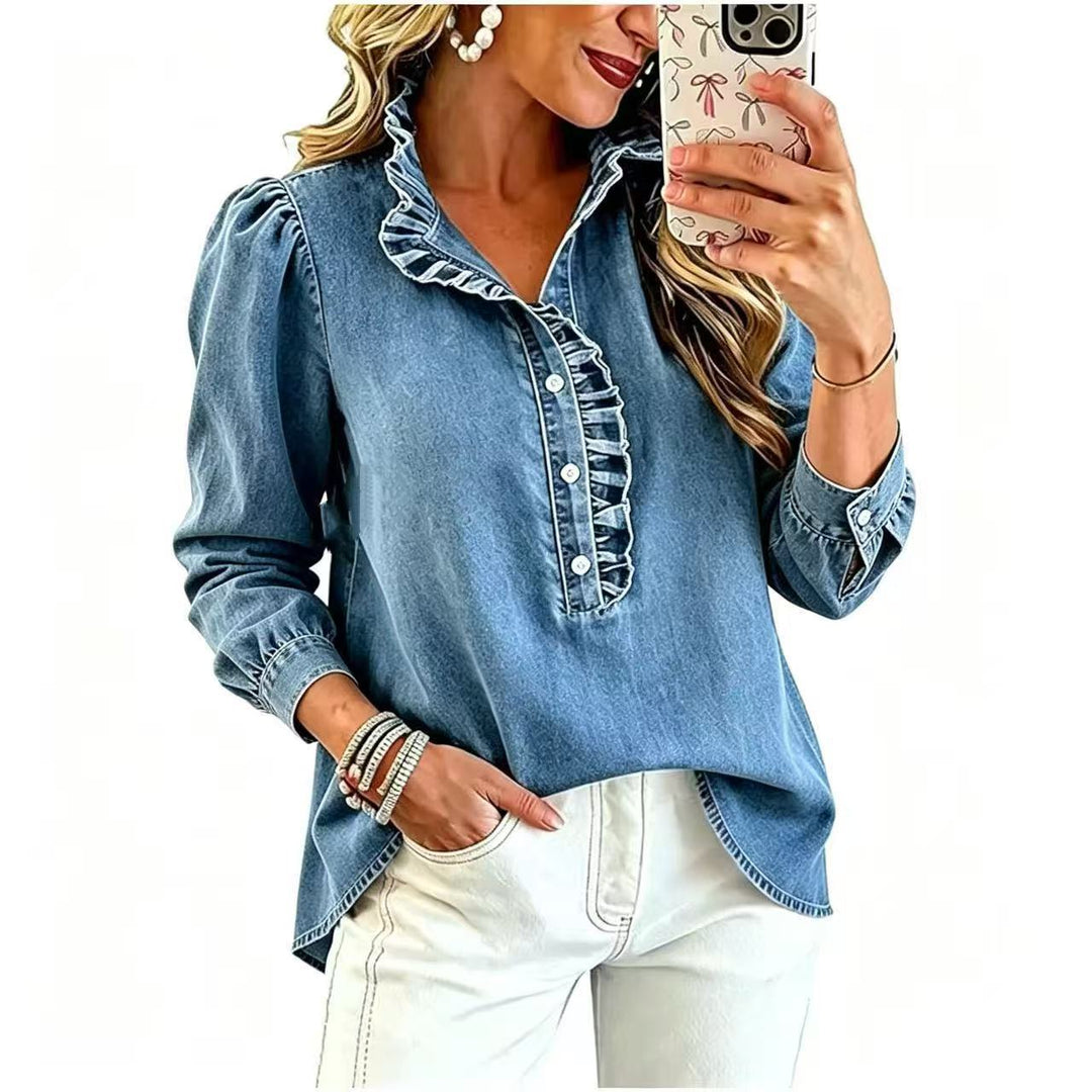 Damen Jeansbluse mit Rüschenkragen und Ballonärmeln Nord Taschen