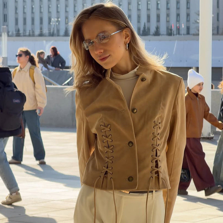 Damen Kurzjacke aus Veloursleder-Optik mit seitlichen Schnürungen & Stehkragen Nord Taschen