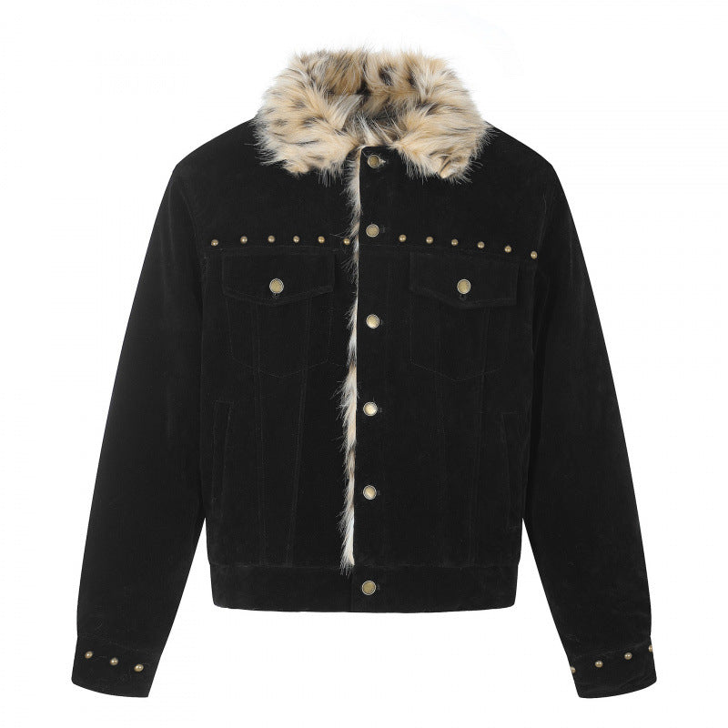 Herren Kurzjacke aus Velourslederimitat mit Kunstfellkragen und Nieten-Details Nord Taschen