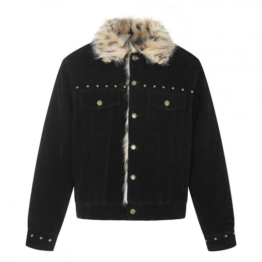 Herren Kurzjacke aus Velourslederimitat mit Kunstfellkragen und Nieten-Details Nord Taschen