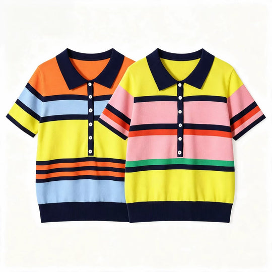 Damen Kurzärmeliges Strickpoloshirt mit Knopfleiste und Blockstreifen Nord Taschen