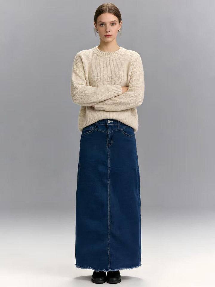 Damen langer High-Waist Denim-Maxirock mit gerader Silhouette und rohem Saum Nord Taschen