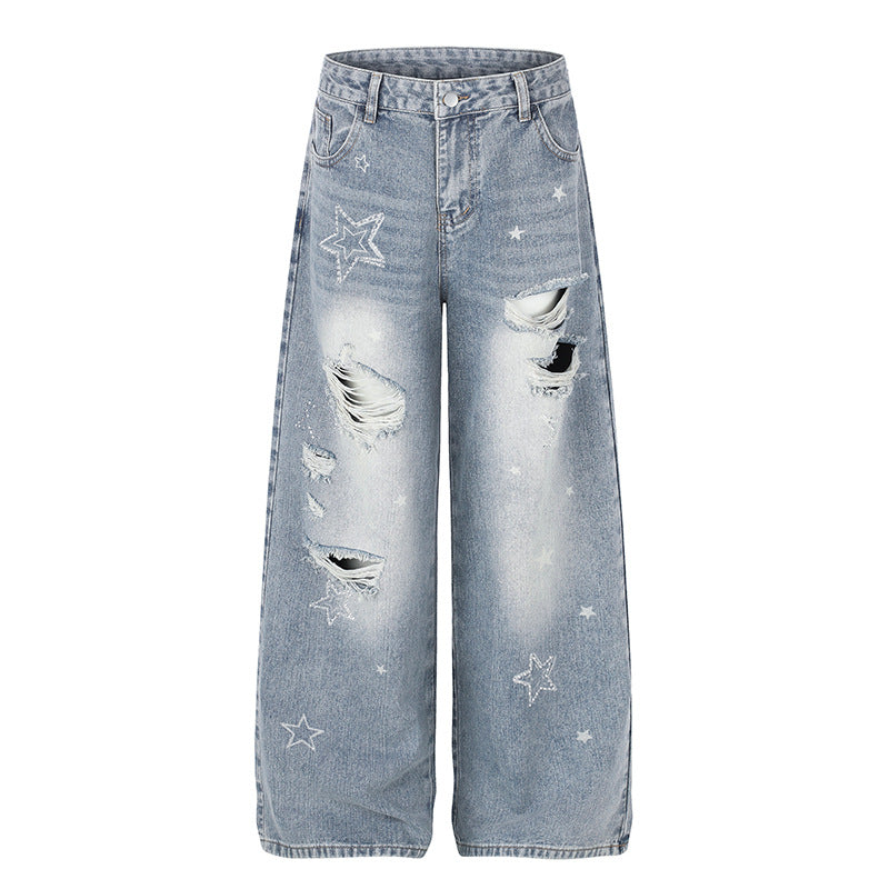 Damen Weite Distressed Palazzo-Jeans mit Stern-Stickerei Nord Taschen