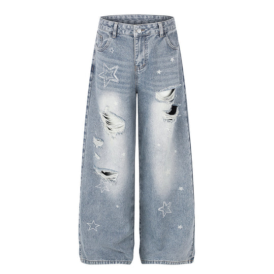Damen Weite Distressed Palazzo-Jeans mit Stern-Stickerei Nord Taschen