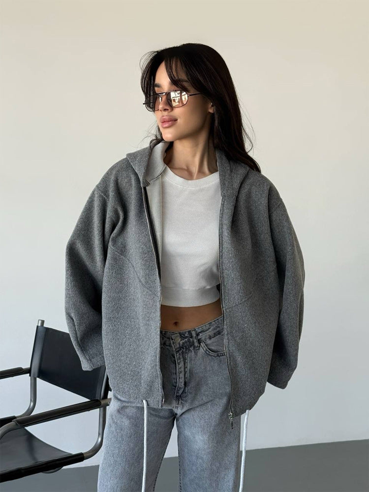 Damen Oversize Kapuzenjacke mit Reißverschluss und Tunnelzugsaum Nord Taschen