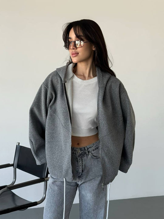 Damen Oversize Kapuzenjacke mit Reißverschluss und Tunnelzugsaum Nord Taschen