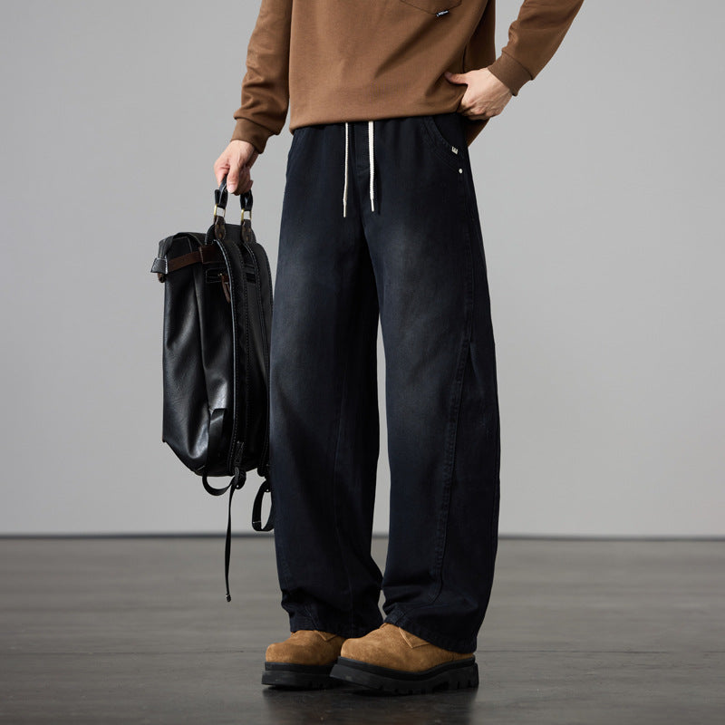 Herren Weite Baumwoll-Drawstring-Hose im Vintage-Waschlook Nord Taschen