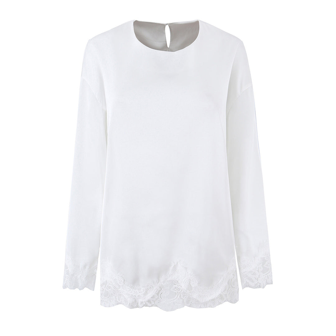 Damen Seidiges Langarmshirt mit Spitzenbesatz am Saum und Manschetten Nord Taschen