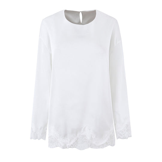 Damen Seidiges Langarmshirt mit Spitzenbesatz am Saum und Manschetten Nord Taschen