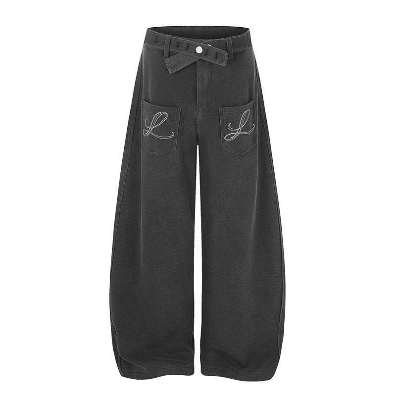 Damen Weite High‑Waist Palazzo-Jogginghose mit aufgesetzten Taschen, Zierstickerei und verstellbarem Gürtel Nord Taschen