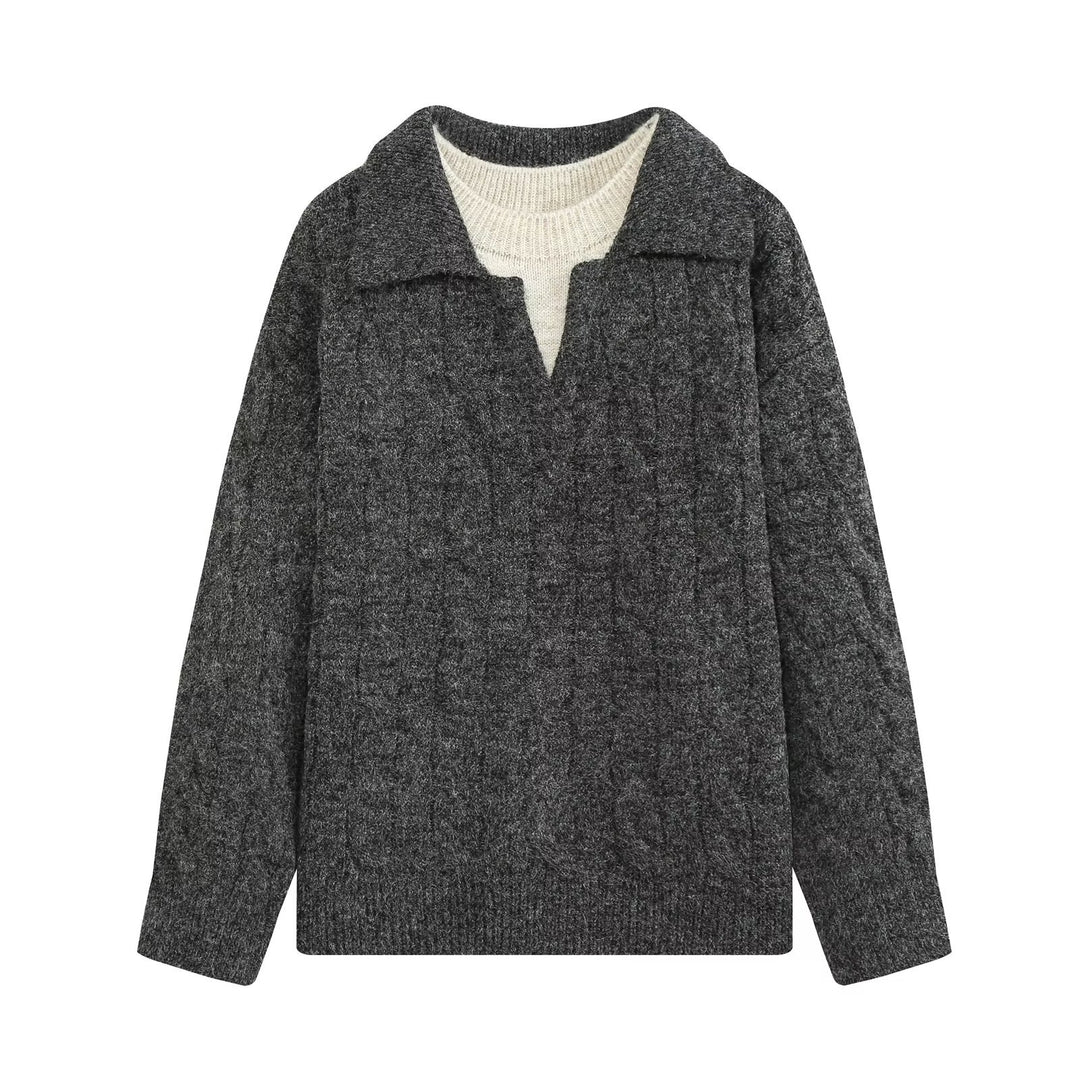 Damen Grobgestrickter Oversize-Pullover mit Polokragen und Zopfmuster Nord Taschen
