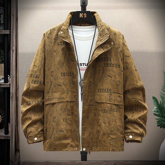Herren leichte Overshirt-Utility-Jacke mit Allover-Print, Stehkragen & verdecktem Reißverschluss Nord Taschen
