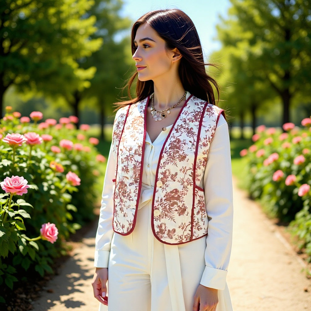 Damen Gesteppte Weste im Landhausstil mit floraler Toile‑Optik und Eingrifftaschen Nord Taschen