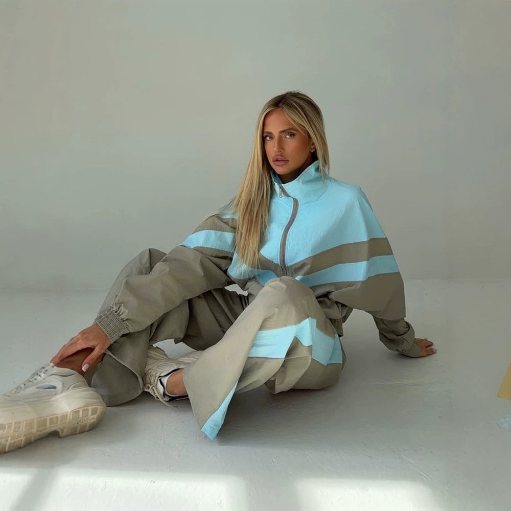 Damen Oversize-Trainingsanzug-Set mit Stehkragen und Kontraststreifen Nord Taschen