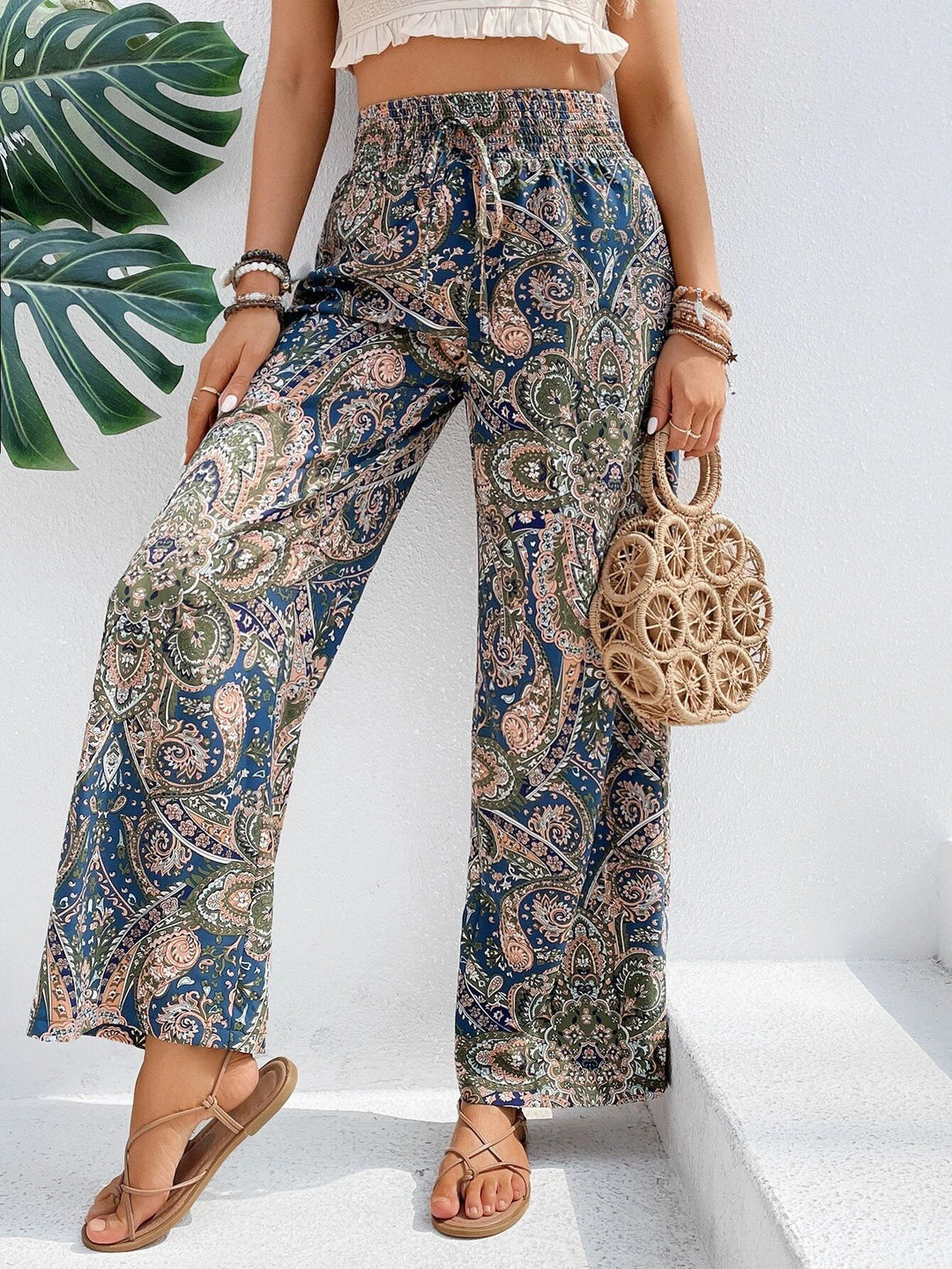 Damen Weite Sommerhose in Leinenoptik mit elastischem Bund und Paisley‑Print Nord Taschen