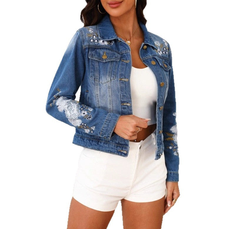Damen Bestickte Cropped-Denimjacke im Trucker‑Stil mit floraler Ärmeldetailierung Nord Taschen