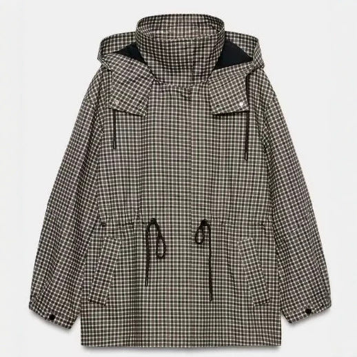 Damen karierter Anorak mit Kapuze und Tunnelzug Nord Taschen