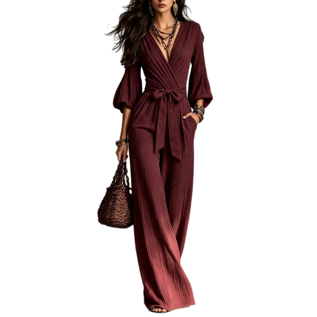 Damen Jumpsuit Wickel-Optik mit weitem Bein, Taillengürtel und Glockenärmeln Nord Taschen