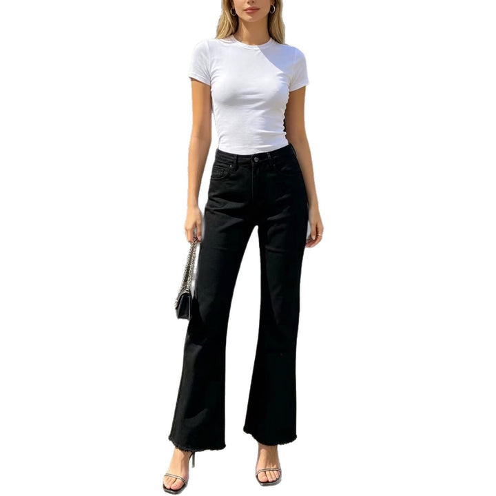 Damen hochgeschnittene Flared-Jeans mit taillierendem Bund, leichtem Stretch und rohem Saum Nord Taschen