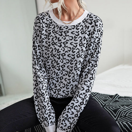 Damen Leichter Strukturstrick-Pullover mit Leoparden-Jacquard und geripptem Rundhalsausschnitt Nord Taschen