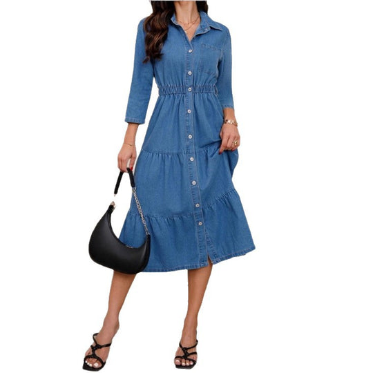 Damen Hemdblusenkleid aus Denim mit taillenbetonendem Gummizug, Knopfleiste & Stufenrock Nord Taschen