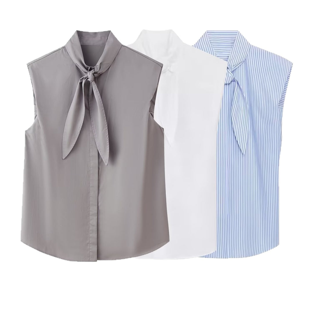 Damen Ärmellose Popeline-Bluse mit Schluppenkragen und Nadelstreifen Nord Taschen