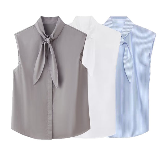 Damen Ärmellose Popeline-Bluse mit Schluppenkragen und Nadelstreifen Nord Taschen