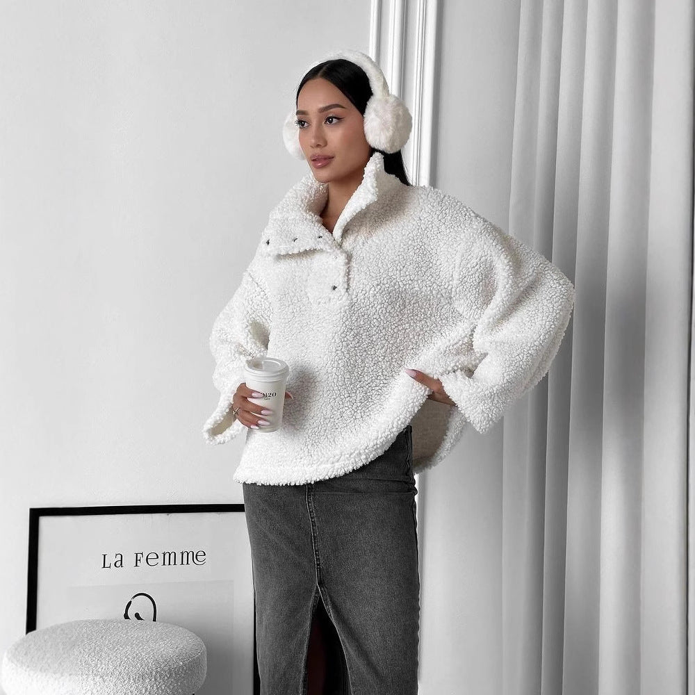Damen Oversized Teddy-Pullover mit halber Druckknopfleiste und Stehkragen Nord Taschen