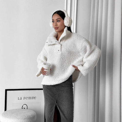 Damen Oversized Teddy-Pullover mit halber Druckknopfleiste und Stehkragen Nord Taschen