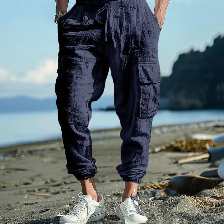 Herren nan lässige Leinen-Cargo-Jogger mit Kordelbund, großen Klapptaschen und elastischem Knöchelabschluss