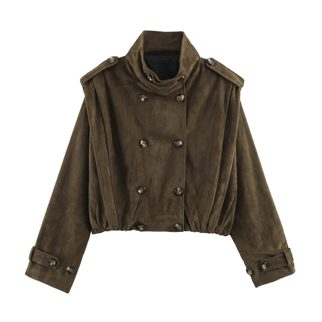 Damen Kurzgeschnittener Doppelreihiger Wildlederoptik-Bomber mit Stehkragen und Schulterpatten Nord Taschen